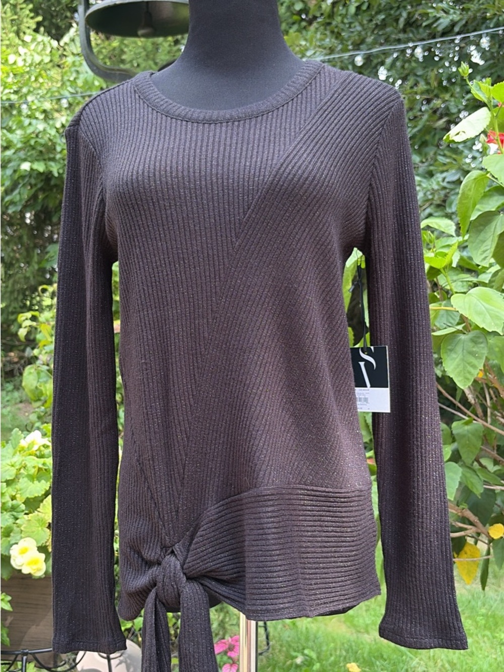 Simply Vera Vera Wang Brown Ribbed Long-Sleeve Tie-Front Top